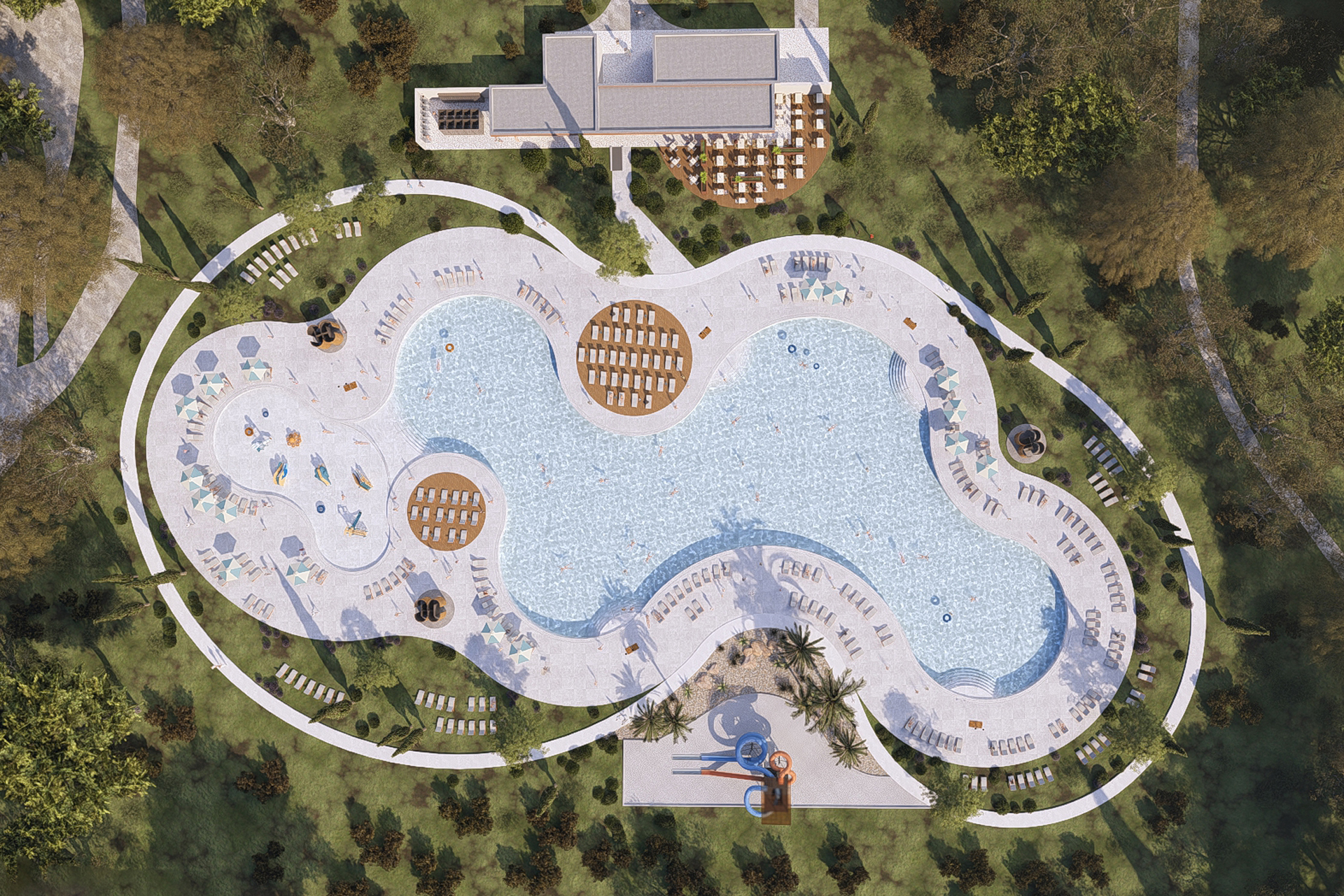 Aerial view of a newly designed swimming pool complex at Zaton Holiday Resort, set to open in 2025. 